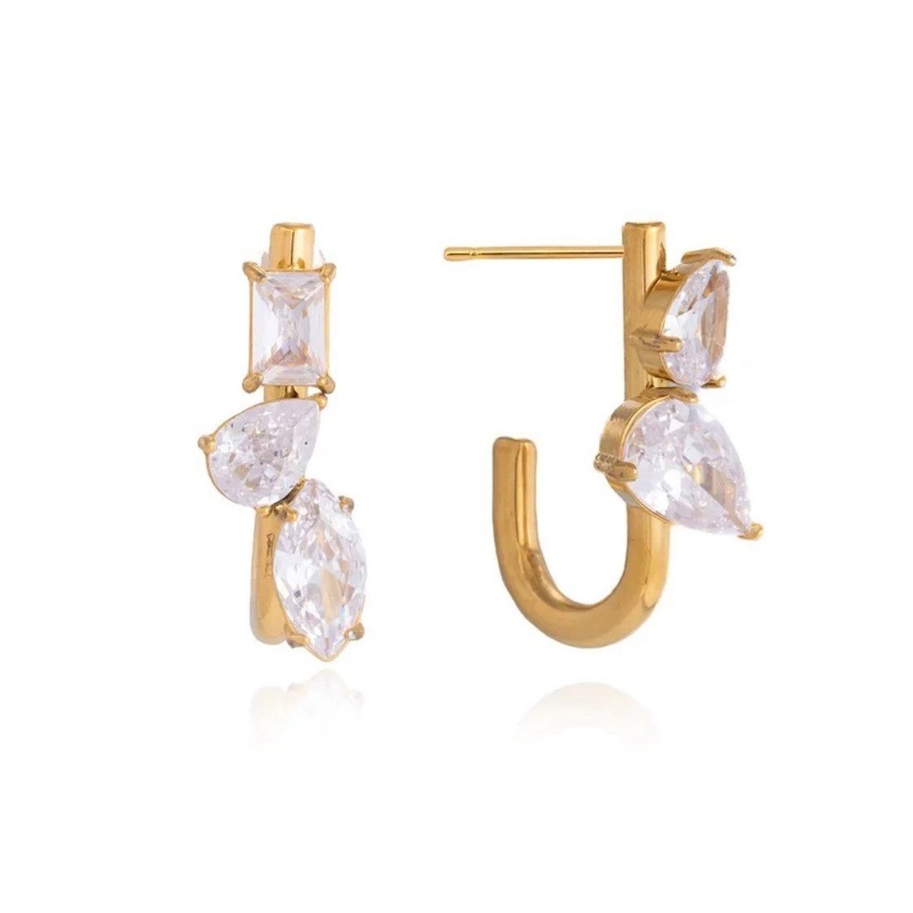 18K Gold Plated C Hoop Earrings Clear Zircon Statement Jewelry Waterproof